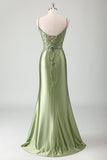 Sage Spaghetti Straps Beaded Satin Mermaid Prom Dress