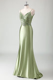 Sage Spaghetti Straps Beaded Satin Mermaid Prom Dress