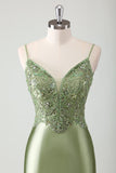 Sage Spaghetti Straps Beaded Satin Mermaid Prom Dress