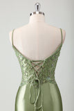 Sage Spaghetti Straps Beaded Satin Mermaid Prom Dress