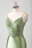 Sage Spaghetti Straps Beaded Satin Mermaid Prom Dress