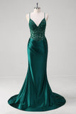 Dark Green Applique Spaghetti Straps Mermaid Satin Prom Dress