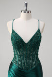 Dark Green Applique Spaghetti Straps Mermaid Satin Prom Dress