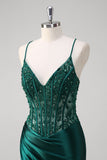 Dark Green Applique Spaghetti Straps Mermaid Satin Prom Dress