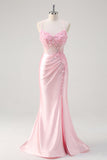 Pink Corset Applique Satin Mermaid Prom Dress with Slit