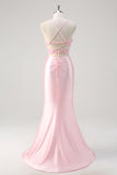 Pink Corset Applique Satin Mermaid Prom Dress with Slit