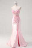 Pink Corset Applique Satin Mermaid Prom Dress with Slit