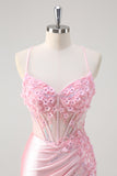 Pink Corset Applique Satin Mermaid Prom Dress with Slit