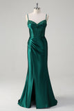 Dark Green Beaded Mermaid Pleated Satin Prom Dress with Slit