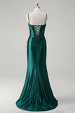 Dark Green Beaded Mermaid Pleated Satin Prom Dress with Slit