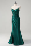 Dark Green Beaded Mermaid Pleated Satin Prom Dress with Slit