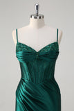 Dark Green Beaded Mermaid Pleated Satin Prom Dress with Slit