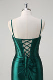 Dark Green Beaded Mermaid Pleated Satin Prom Dress with Slit