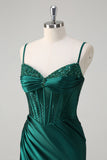 Dark Green Beaded Mermaid Pleated Satin Prom Dress with Slit