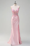 Sparkly Sequins Light Pink Mermaid Corset Satin Prom Dress with Slit