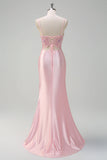 Sparkly Sequins Light Pink Mermaid Corset Satin Prom Dress with Slit