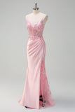 Sparkly Sequins Light Pink Mermaid Corset Satin Prom Dress with Slit