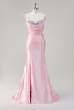 Pink Sweetheart Corset Satin Mermaid Prom Dress with Slit