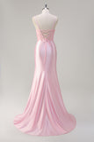 Pink Sweetheart Corset Satin Mermaid Prom Dress with Slit