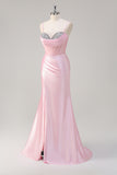 Pink Sweetheart Corset Satin Mermaid Prom Dress with Slit