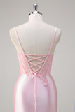 Pink Sweetheart Corset Satin Mermaid Prom Dress with Slit