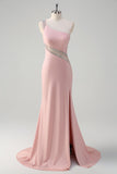 Light Pink Mermaid One Shoulder Beaded Satin Long Prom Dress with Slit