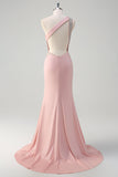 Light Pink Mermaid One Shoulder Beaded Satin Long Prom Dress with Slit