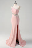 Light Pink Mermaid One Shoulder Beaded Satin Long Prom Dress with Slit