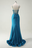 Sparkly Blue Spaghetti Straps V-Neck Ruched Long Prom Dress with Beading