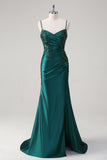 Dark Green Beaded Satin Ruched Mermaid Prom Dress with Slit