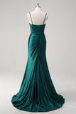 Dark Green Beaded Satin Ruched Mermaid Prom Dress with Slit