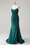 Dark Green Beaded Satin Ruched Mermaid Prom Dress with Slit