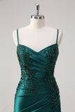 Dark Green Beaded Satin Ruched Mermaid Prom Dress with Slit