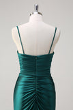 Dark Green Beaded Satin Ruched Mermaid Prom Dress with Slit