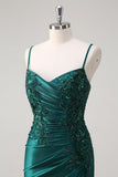 Dark Green Beaded Satin Ruched Mermaid Prom Dress with Slit