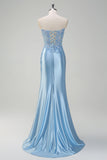 Sparkly Light Blue Mermaid Strapless Corset Sequin Satin Prom Dress with Slit