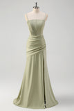 Sage Mermaid Pleated Bridesmaid Dress with Slit