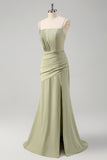 Sage Mermaid Pleated Bridesmaid Dress with Slit