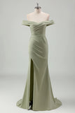 Sage Off the Shoulder Mermaid Bridesmaid Dress with Slit