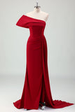 Burgundy Pleated One Shoulder Sweep Train Bridesmaid Dress with Slit