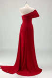 Burgundy Pleated One Shoulder Sweep Train Bridesmaid Dress with Slit