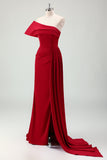 Burgundy Pleated One Shoulder Sweep Train Bridesmaid Dress with Slit