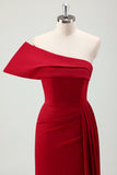 Burgundy Pleated One Shoulder Sweep Train Bridesmaid Dress with Slit