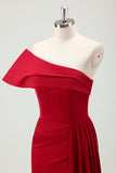 Burgundy Pleated One Shoulder Sweep Train Bridesmaid Dress with Slit