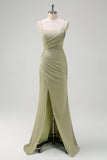 Sage Pleated Mermaid Satin Wedding Guest Dress with Slit