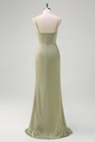 Sage Pleated Mermaid Satin Wedding Guest Dress with Slit