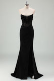 Black Mermaid Applique Strapless Corset Prom Dress with Slit