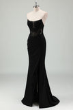 Black Mermaid Applique Strapless Corset Prom Dress with Slit