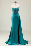 Peacock Blue Strapless Beaded Satin Mermaid Prom Dress with Slit