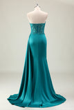 Peacock Blue Strapless Beaded Satin Mermaid Prom Dress with Slit